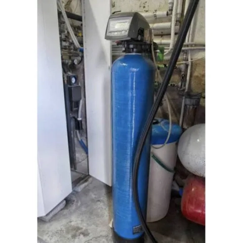 RainSoft A & B Marketing water softener system with blue resin tank and digital control valve