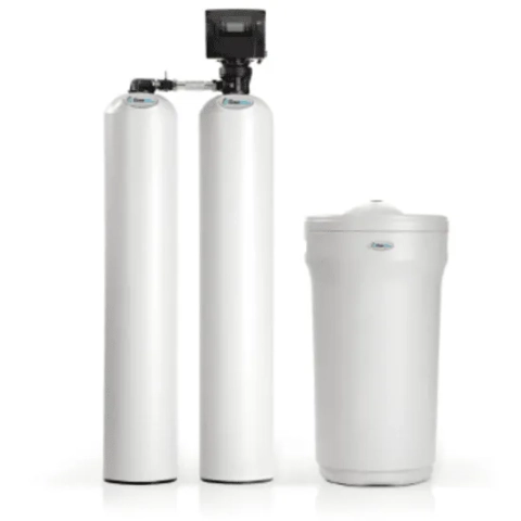 Leaf Home Water Solutions dual-tank softener system with white resin tanks and brine tank
