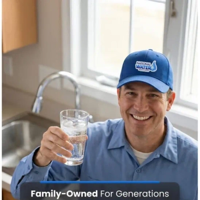 National Water Purifiers technician holding a glass of clean, filtered water, captioned "Family-Owned For Generations."
