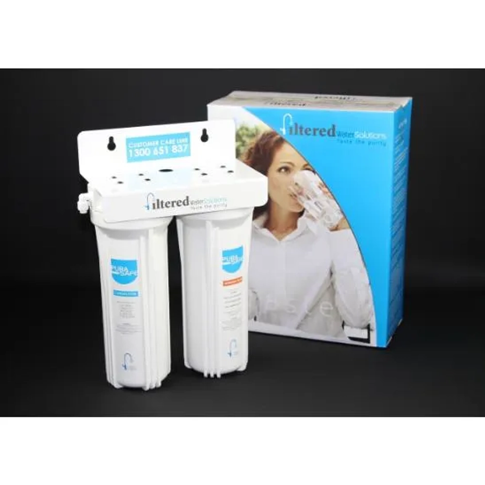 Filtered Water Solutions undersink system removes chlorine, lead, and chemicals from tap water.