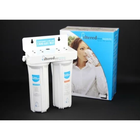 Filtered Water Solutions undersink system removes chlorine, lead, and chemicals from tap water.
