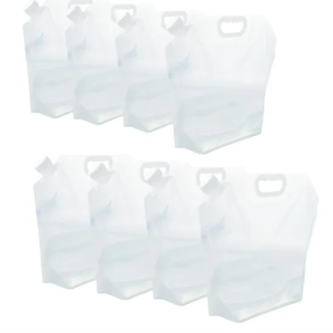 Pack of 8 clear plastic foldable water storage containers with integrated carrying handles and screw caps, each holding up to 2.6 gallons