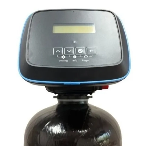 268 EIQ series water softener digital control head with LCD display and blue-rimmed interface.