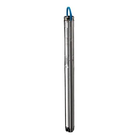 Stainless steel Grundfos 3-inch SQF submersible well pump with blue handling loop.