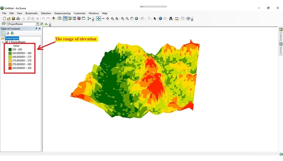 Visualizing 3D terrain and altitude variations using color-coded elevation models in ArcScene GIS.