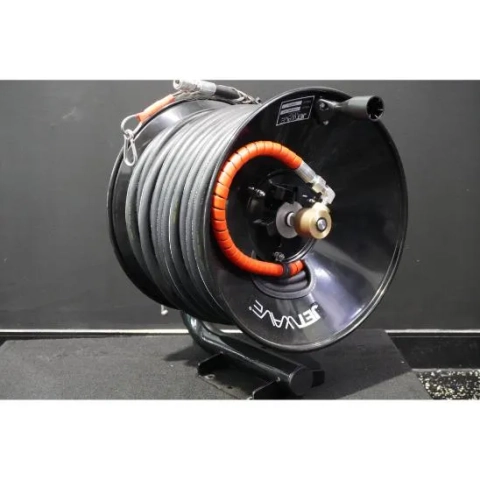 Black reel with 60m of 3/8-inch ViperFlex smooth coat, double-braid jetting hose for drain cleaning. (Character Count: 106)