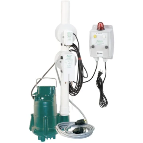 Elevator sump system for oil and water separation with a green pump, alarm box, and float assembly.