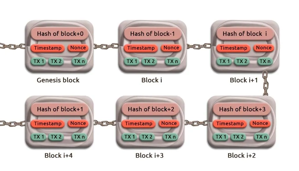 A diagram depicting a blockchain. Multiple blocks are linked together in a chain, with each block containing a timestamp, nonce, and a hash of the previous block. The genesis block is the first block in the chain.