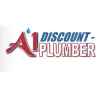 A1 Discount Plumber logo showing a red "A1" emblem with a blue water droplet icon, next to stacked blue and red-outlined typography