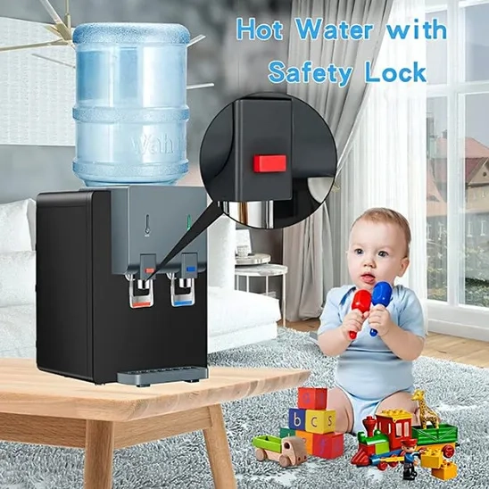 ACCVI Premium Tabletop Water Dispenser is placed on the table and highlighted it's safety lock.