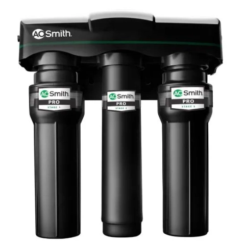 AO Smith Pro 3-stage reverse osmosis water filtration system with black filter canisters