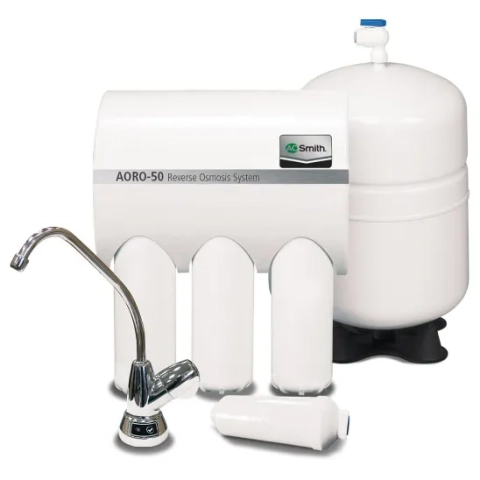A. O. Smith AORO-50 Reverse Osmosis (RO) purifier featuring three filters and a pressurized tank.