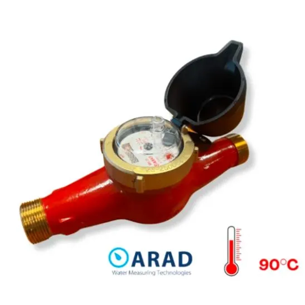ARAD multi-jet hot water meter (15mm to 50mm), reliable for applications up to 90  ∘  C with Reed Switch. (Character Count: 112)