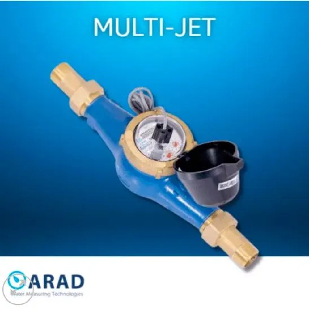 ARAD Multi-jet Water Meter: volumetric dry contact outputs, includes couplings and pulse kit, horizontal use only. (Character Count: 118)