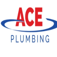 Ace Plumbing logo featuring the word "ACE" in large red block lettering with a blue horizontal swoosh ring above the word "PLUMBING" on a white background