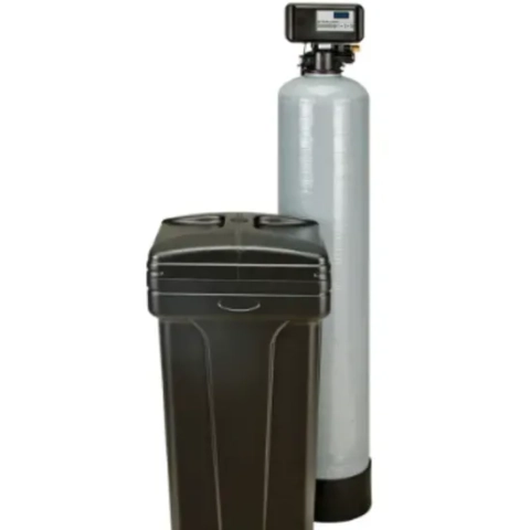 Ace Plumbing LLC water softner.png detailing a top-mounted black automated electronic control head with a digital display interface programmed for resin bed rinsing