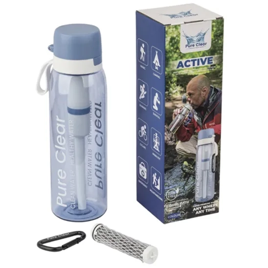 Active Pure Clear water filter bottle with its extra water filter and the box showing it is perfect for camping.