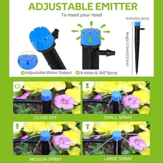 Emitters of the HIRALIY Drip Irrigation kit have adjustable water output.