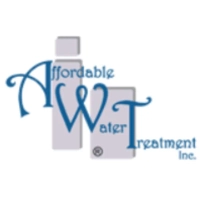 Affordable Water Treatment Inc. logo featuring blue "AWT" initials overlaid on grey industrial tank silhouettes, representing professional water conditioning