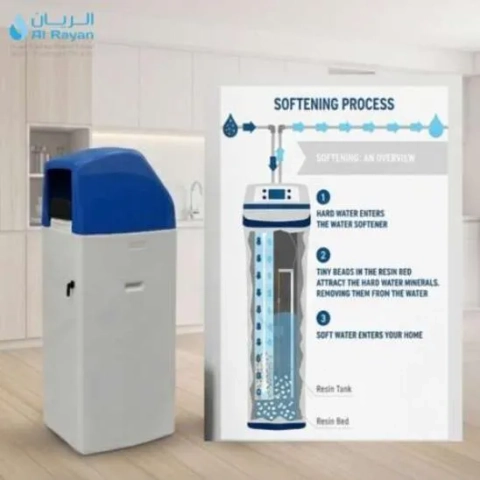 Blue and white Al Rayan residential water softener tank with a step-by-step resin filtration diagram.