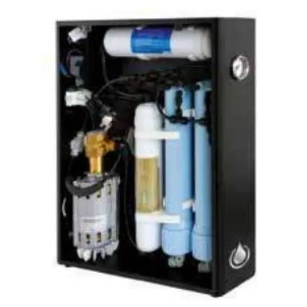 Inside view of Alkaplus Reverse Osmosis System featuring 3-stage water filtration technology