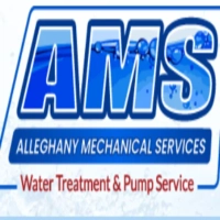 Professional trade brand mark for Alleghany Mechanical Services (AMS), highlighting local commercial and residential water treatment installations, well pump service repairs, water softener setup, and home mechanical utilities