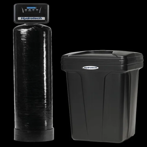 Hydrotech Allure 7 HT565-100 water softener with a black resin tank and square brine tank.