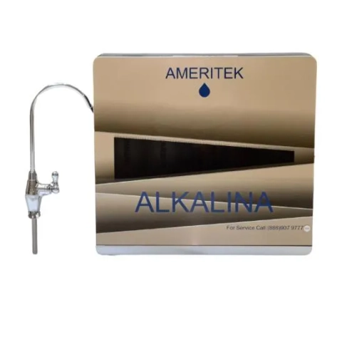 Ameritek Gold Alkalina undersink water filtration unit with a chrome drinking water faucet.