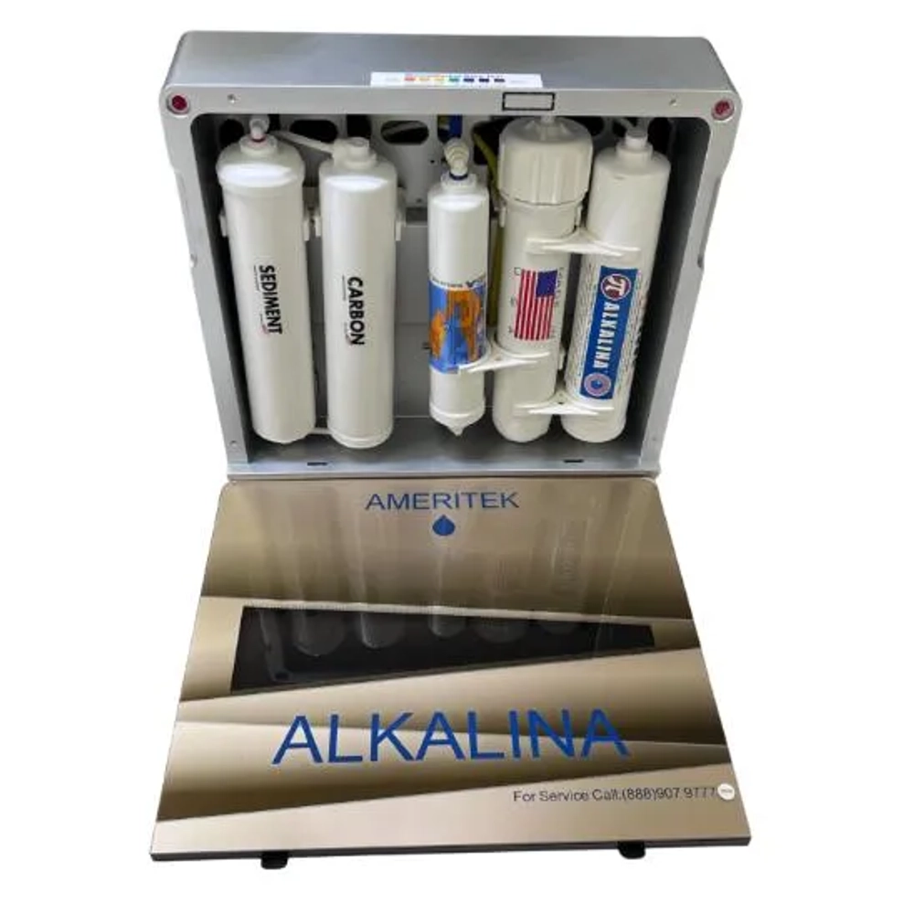 Ameritek Alkalina gold undersink water filtration system showing sediment and carbon filters.