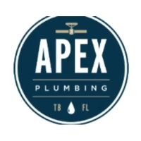 Apex Plumbing logo featuring a navy blue circular stamp design with bold white typography and a gold valve icon