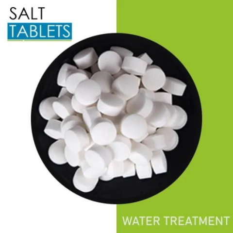 Close-up of packaged water softener salt crystals for removing hardness from water supplies