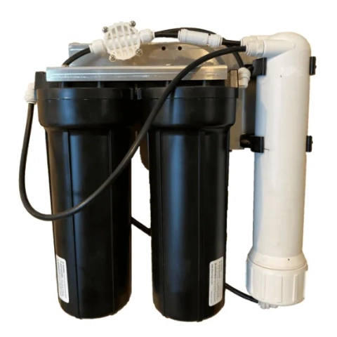 Aqua Chill drinking water system component showing sediment, carbon, and membrane filter stages.