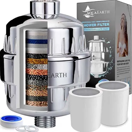 Aqua Earth 15 Stage Shower Filter with fittings and the product's box.