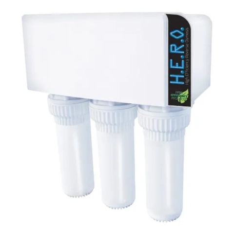 Aqua Flo HERO RO water filtration system, high efficiency, with three white filter housings.