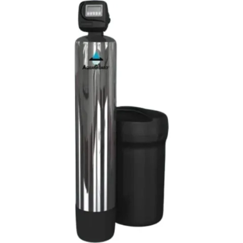 AquaGuard water softener by AquaGeneral Houston featuring a polished chrome tank and brine unit.