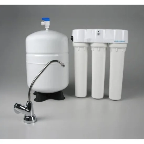 The Water Doctor multi-stage reverse osmosis system with a storage tank and designer chrome faucet.
