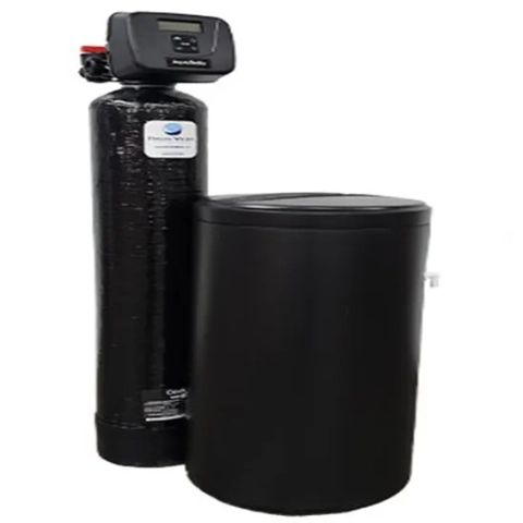 AquaBella sleek black water softener system with digital control valve and large brine tank