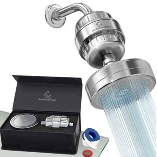 The box of the AquaHomeGroup Set 20+3 Stage Shower Filter.