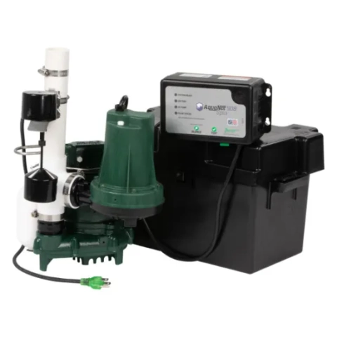 Zoeller AquaNot ProPak system with green primary sump pump and black battery backup box.