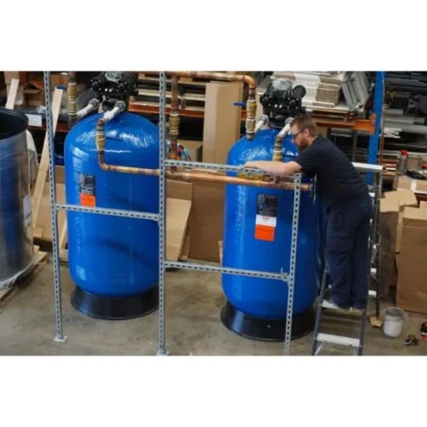 Aquacure Brisbane workshop building custom commercial water softener plants for hospital and industrial clients.