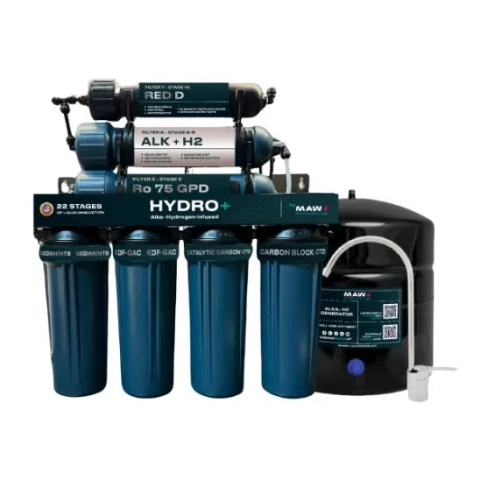 Aquamundo HYDRO+ Alka-Hydrogen infused Reverse Osmosis system with 22 stages of liquid innovation.