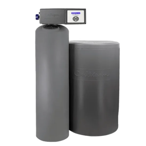 Culligan Aquasential High-Efficiency (HE) water softener, gray two-tank system with digital meter.