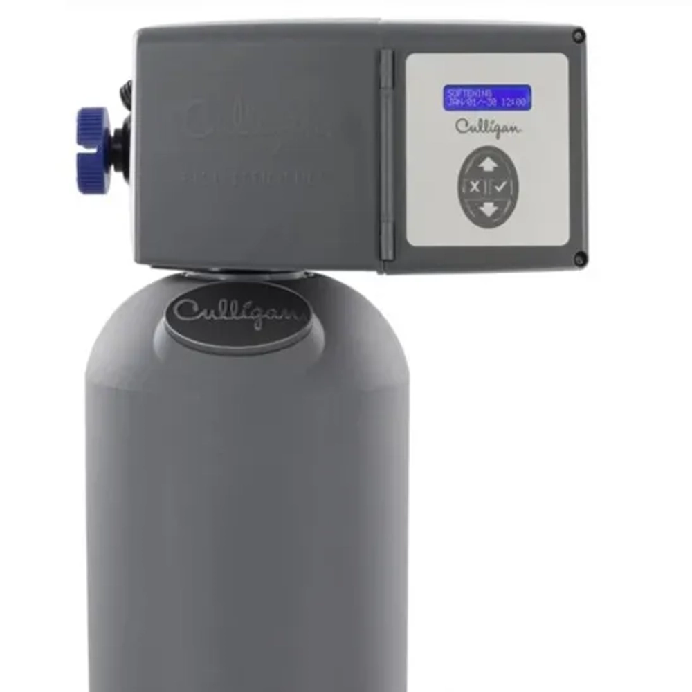 Culligan Aquasential Smart HE digital meter showing softening cycle, time, and date.