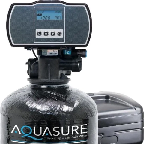 Aquasure Harmony water softener uses ion exchange to remove calcium and prevent limescale buildup.