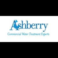 Ashberry Water Conditioning logo featuring a blue serif font with a stylized water splash "A" and the slogan "Commercial Water Treatment Experts."