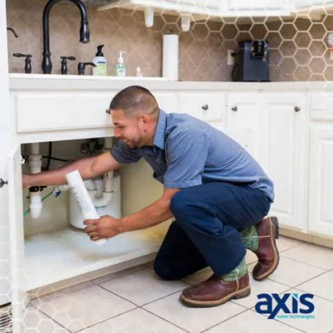Axis Water Technologies technician installing an under-sink water filtration system in Lubbock TX