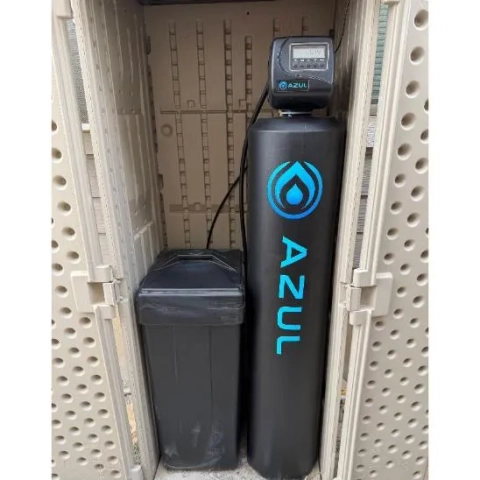 Azul Water Co whole house water softener tank and brine tank system with digital control valve.