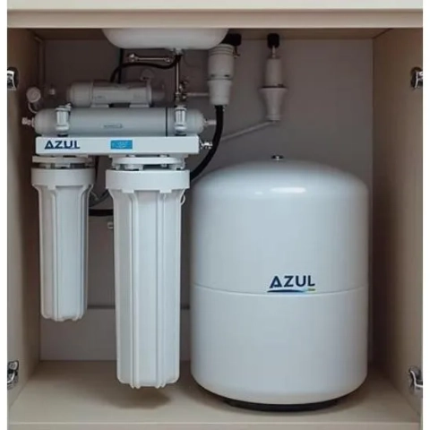 Under-counter Azul reverse osmosis system featuring sediment filters and a white water storage tank.