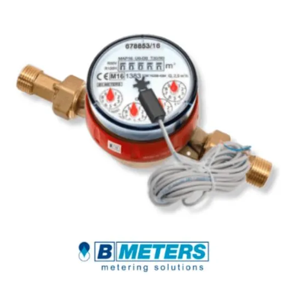 GSD5 or GSD8 compact single jet hot water meter, 15mm Watermarked, 90  ∘   Celsius rating, with pulse output cable. (Character Count: 119)