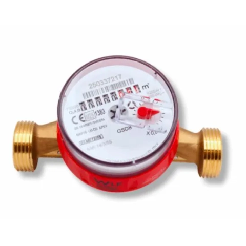 GSD5 or GSD8 compact single jet hot water meter, 15mm Watermarked, 90  ∘   Celsius rating, with pulse output cable. (Character Count: 119)
